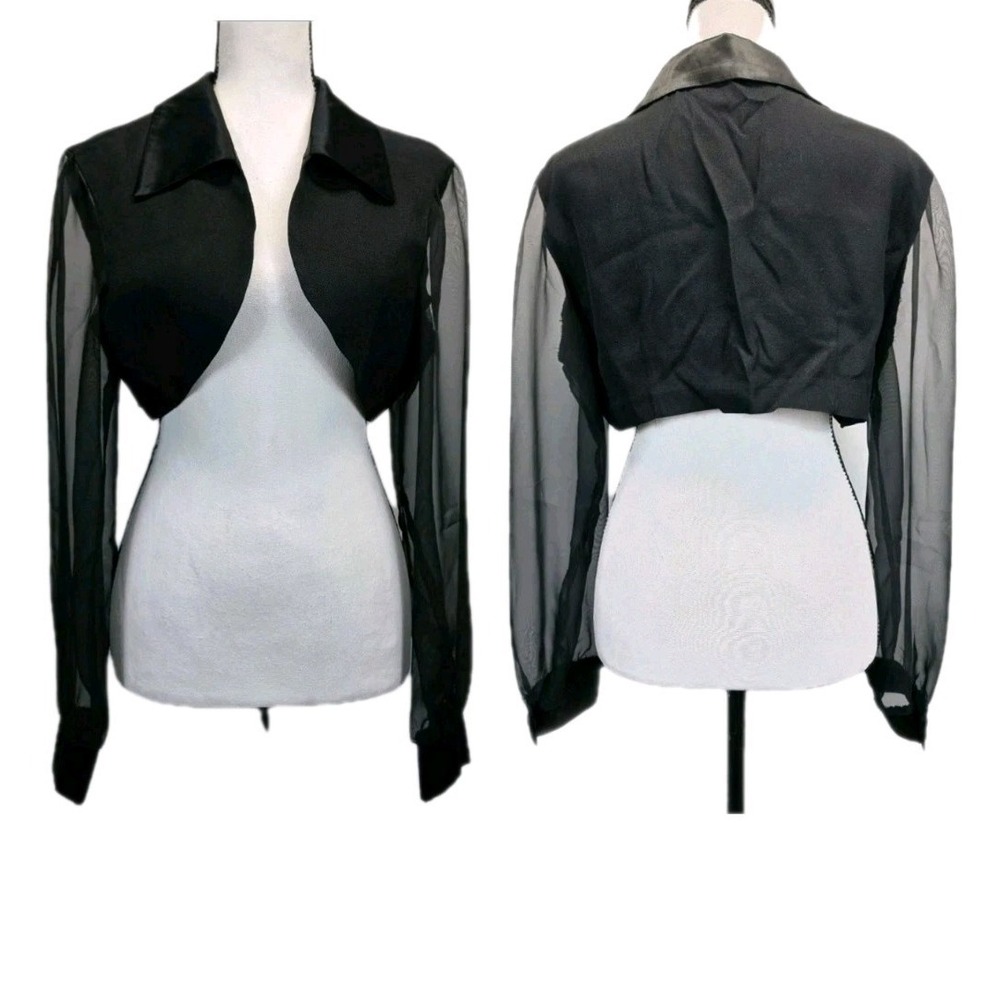 Vtg Bolero Shrug Sz 12 Black Satin Lace Sheer Cropped Y2K Goth Retro Fairy 3129